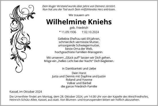 Todesanzeige von Wilhelmine Kniehs von HNAHNA