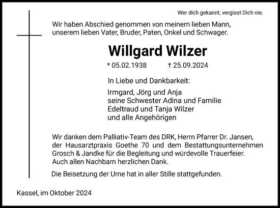 Todesanzeige von Willgard Wilzer von HNA