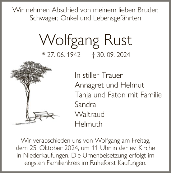 Todesanzeige von Wolfgang Rust von HNA