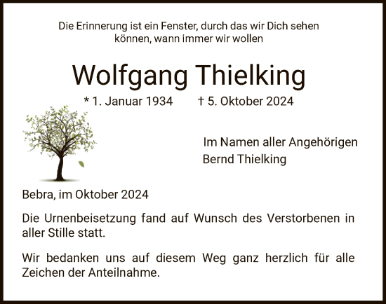 Todesanzeige von Wolfgang Thielking von HNA