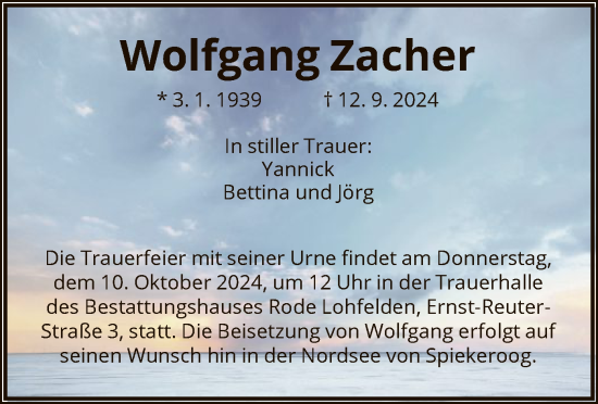 Todesanzeige von Wolfgang Zacher von HNA