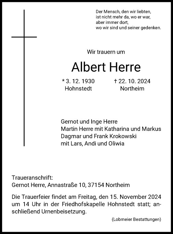 Todesanzeige von Albert Herre von HNA