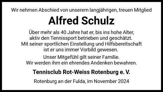 Todesanzeige von Alfred Schulz von HNA