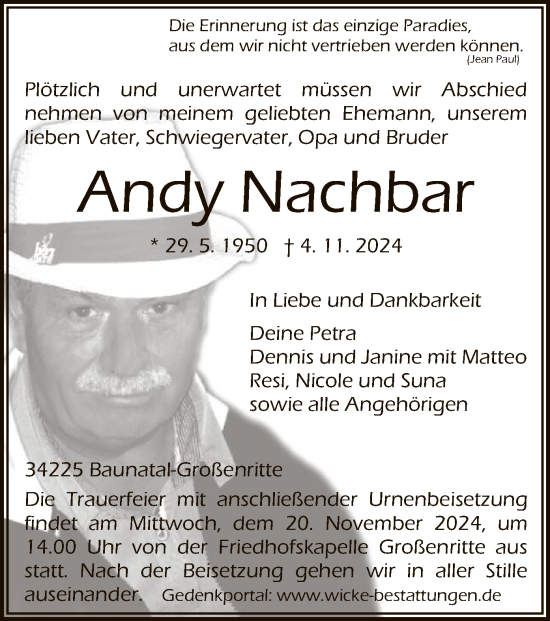 Todesanzeige von Andy Nachbar von HNA