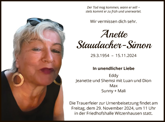 Todesanzeige von Anette Staudacher-Simon von HNA