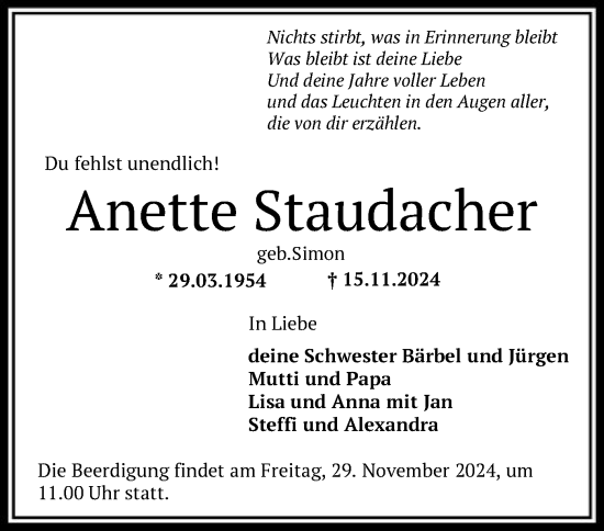 Todesanzeige von Anette Staudacher von HNA