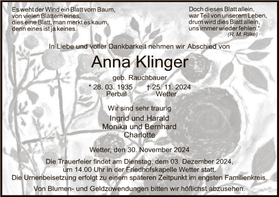 Todesanzeige von Anna Klinger von HNA