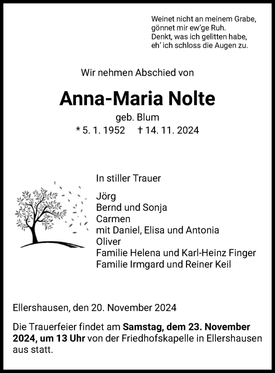 Todesanzeige von Anna-Maria Nolte von HNA