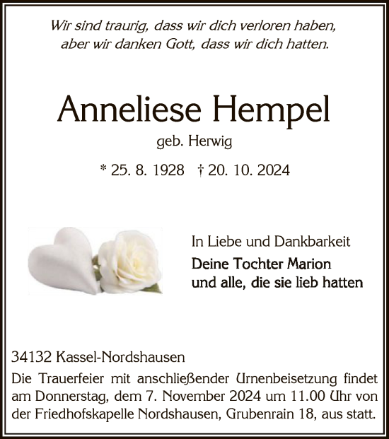 Todesanzeige von Anneliese Hempel von HNA