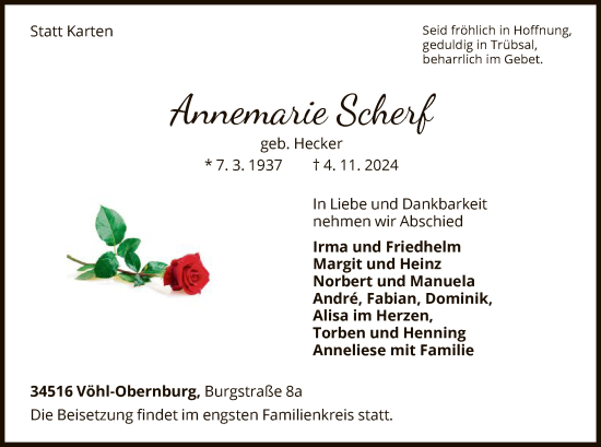 Todesanzeige von Annemarie Scherf von WLZHNA