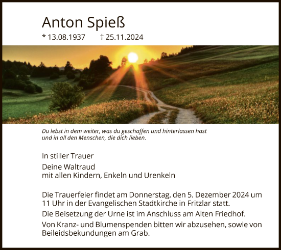 Todesanzeige von Anton Spieß von HNA