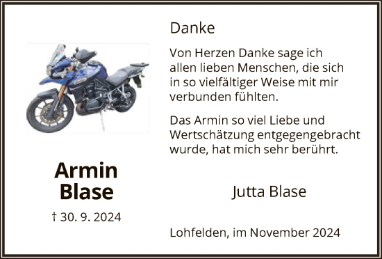 Todesanzeige von Armin Blase von HNA