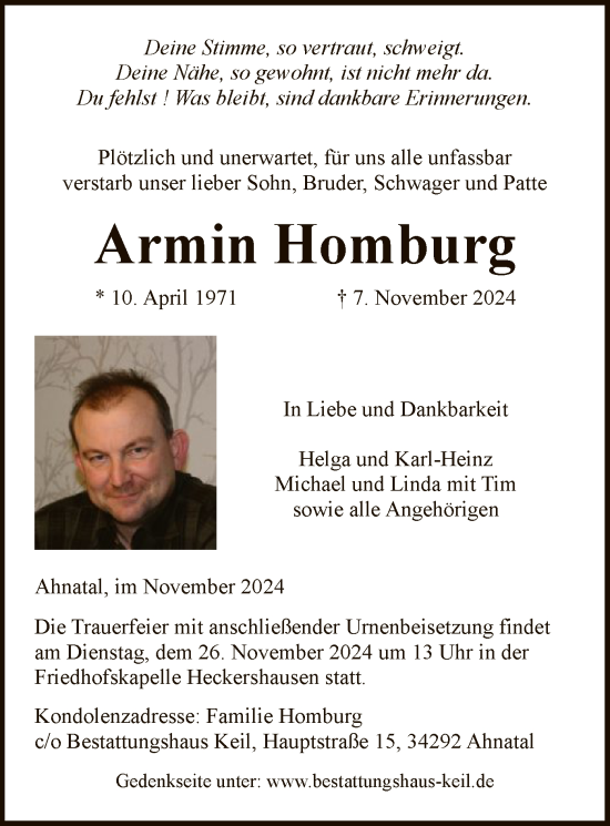 Todesanzeige von Armin Homburg von HNA