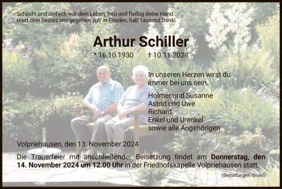 Todesanzeige von Arthur Schiller von HNA