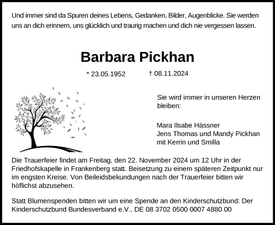 Todesanzeige von Barbara Pickhan von HNA