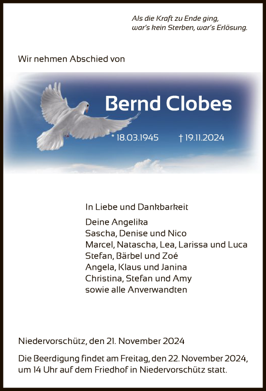 Todesanzeige von Bernd Clobes von HNAHNA