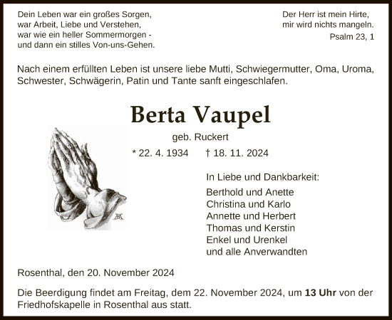 Todesanzeige von Berta Vaupel von HNA