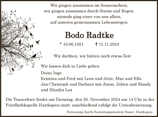 Todesanzeige von Bodo Radtke von HNA