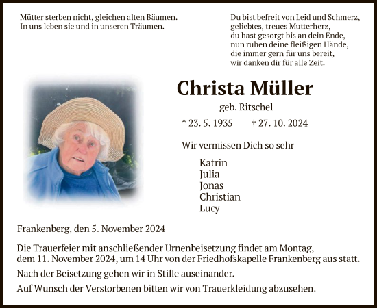 Todesanzeige von Christa Müller von HNA