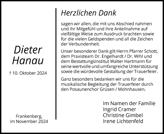 Todesanzeige von Dieter Hanau von HNA