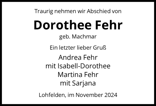 Todesanzeige von Dorothee Fehr von HNA