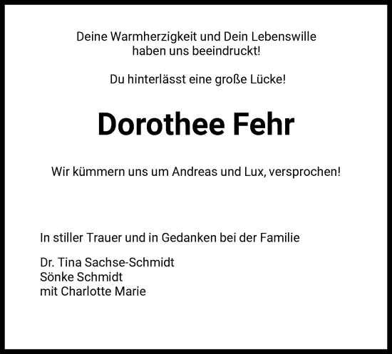 Todesanzeige von Dorothee Fehr von HNA