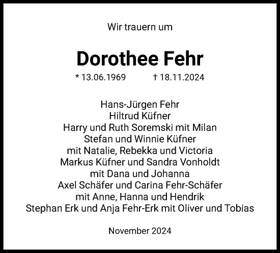 Todesanzeige von Dorothee Fehr von HNA