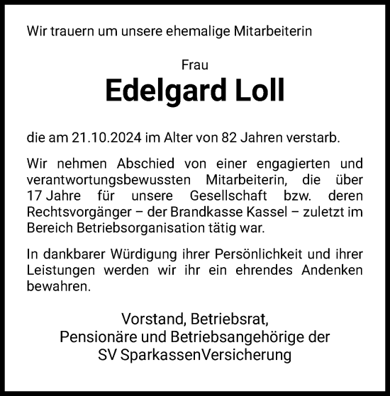 Todesanzeige von Edelgard Loll von HNAHNA