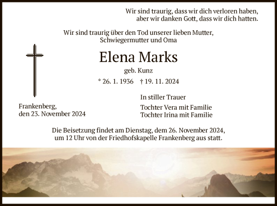 Todesanzeige von Elena Marks von HNA