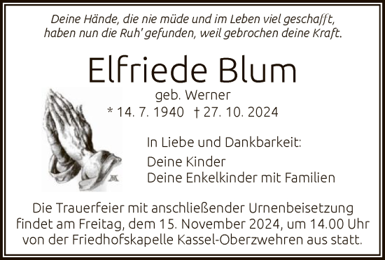 Todesanzeige von Elfriede Blum von HNA