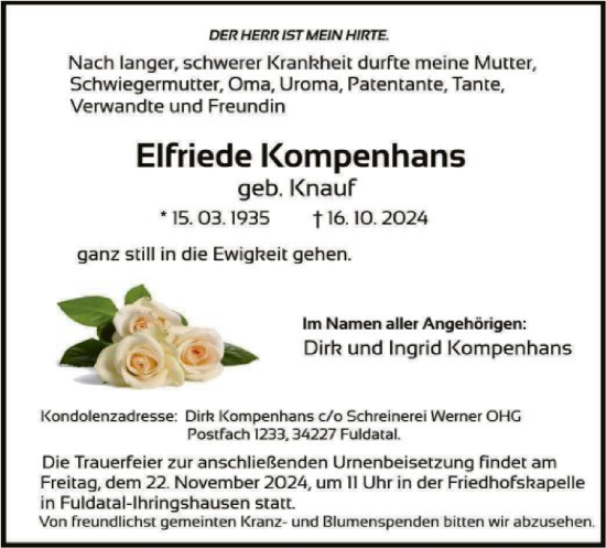 Todesanzeige von Elfriede Kompenhans von HNA