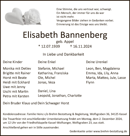 Todesanzeige von Elisabeth Bannenberg von HNA