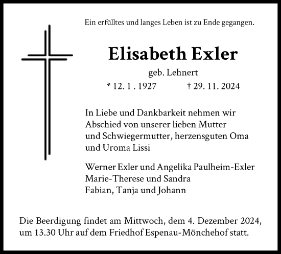 Todesanzeige von Elisabeth Exler von HNA