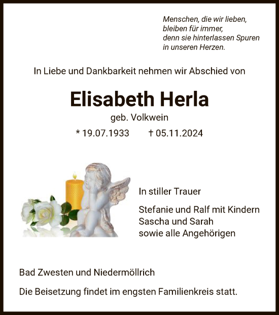 Todesanzeige von Elisabeth Herla von HNA