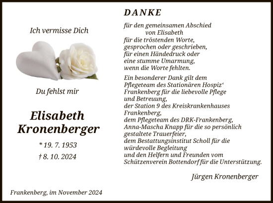 Todesanzeige von Elisabeth Kronenberger von HNA