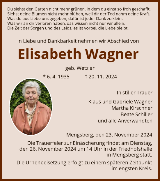 Todesanzeige von Elisabeth Wagner von HNAHNA