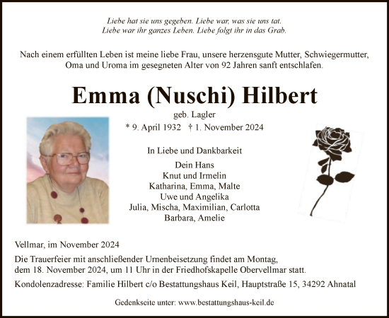 Todesanzeige von Emma Hilbert von HNA