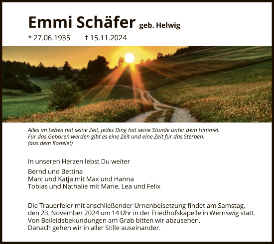 Todesanzeige von Emmi Schäfer von HNA