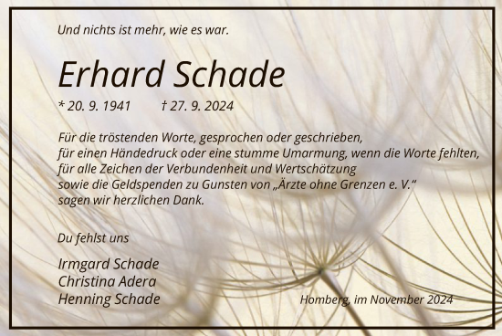 Todesanzeige von Erhard Schade von HNA