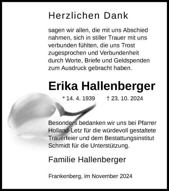 Todesanzeige von Erika Hallenberger von HNA