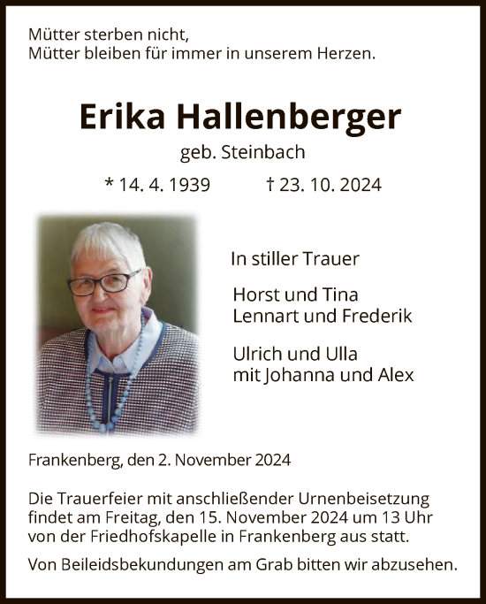 Todesanzeige von Erika Hallenberger von HNA