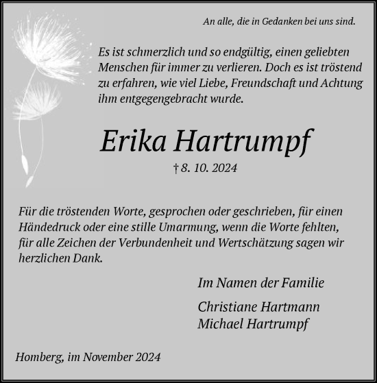 Todesanzeige von Erika Hartrumpf von HNA