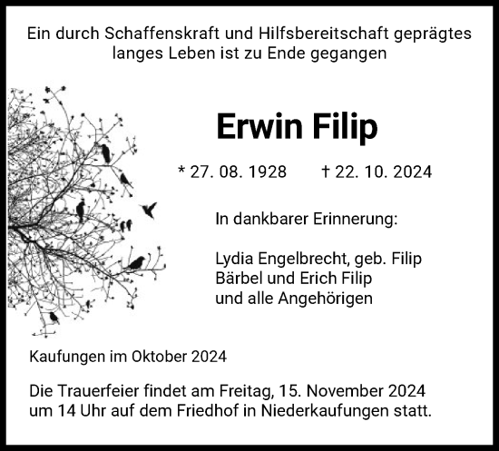 Todesanzeige von Erwin Filip von HNA