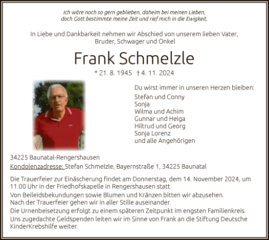 Todesanzeige von Frank Schmelzle von HNA