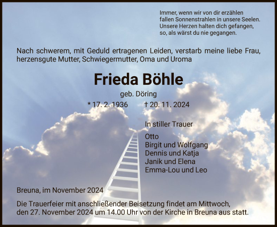 Todesanzeige von Frieda Böhle von HNA