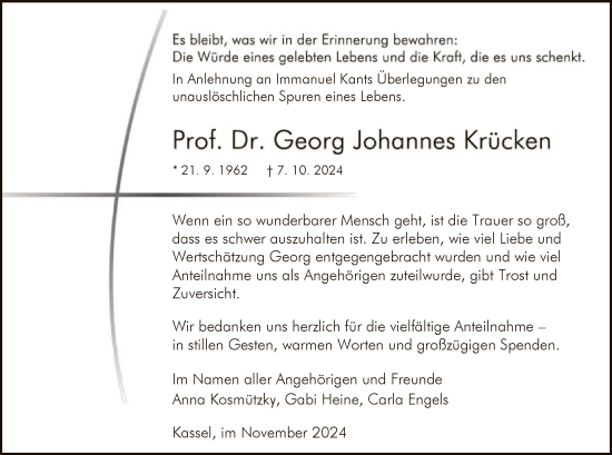 Todesanzeige von Georg Johannes Krücken von HNA