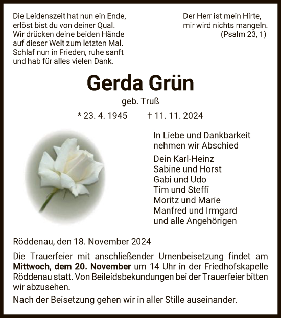 Todesanzeige von Gerda Grün von HNA