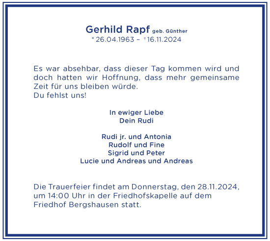 Todesanzeige von Gerhild Rapf von HNA