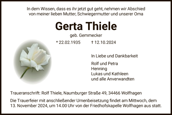 Todesanzeige von Gerta Thiele von HNA