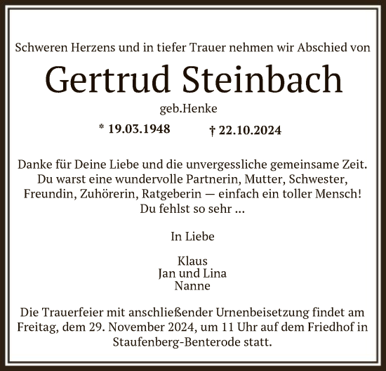 Todesanzeige von Gertrud Steinbach von HNA